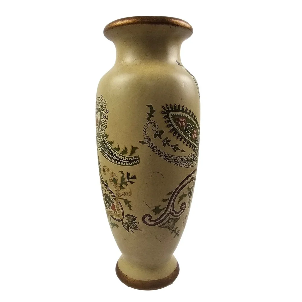 Cream Paisley Decorative Vase Bronze Trim Earthy Green Floral Pattern 12in